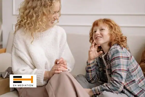 Happy mother and child after sorting child arrangements mediation Stamford